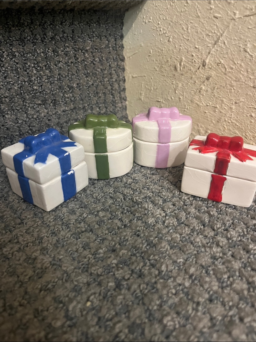 Vintage miniature Trinket Ceramic Gift Box Set in Blue, Green, Pink, and Red